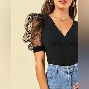 See the Shades  Black Top with Sheer Polka Dot Sleeves Sz Large Puff Sleeves